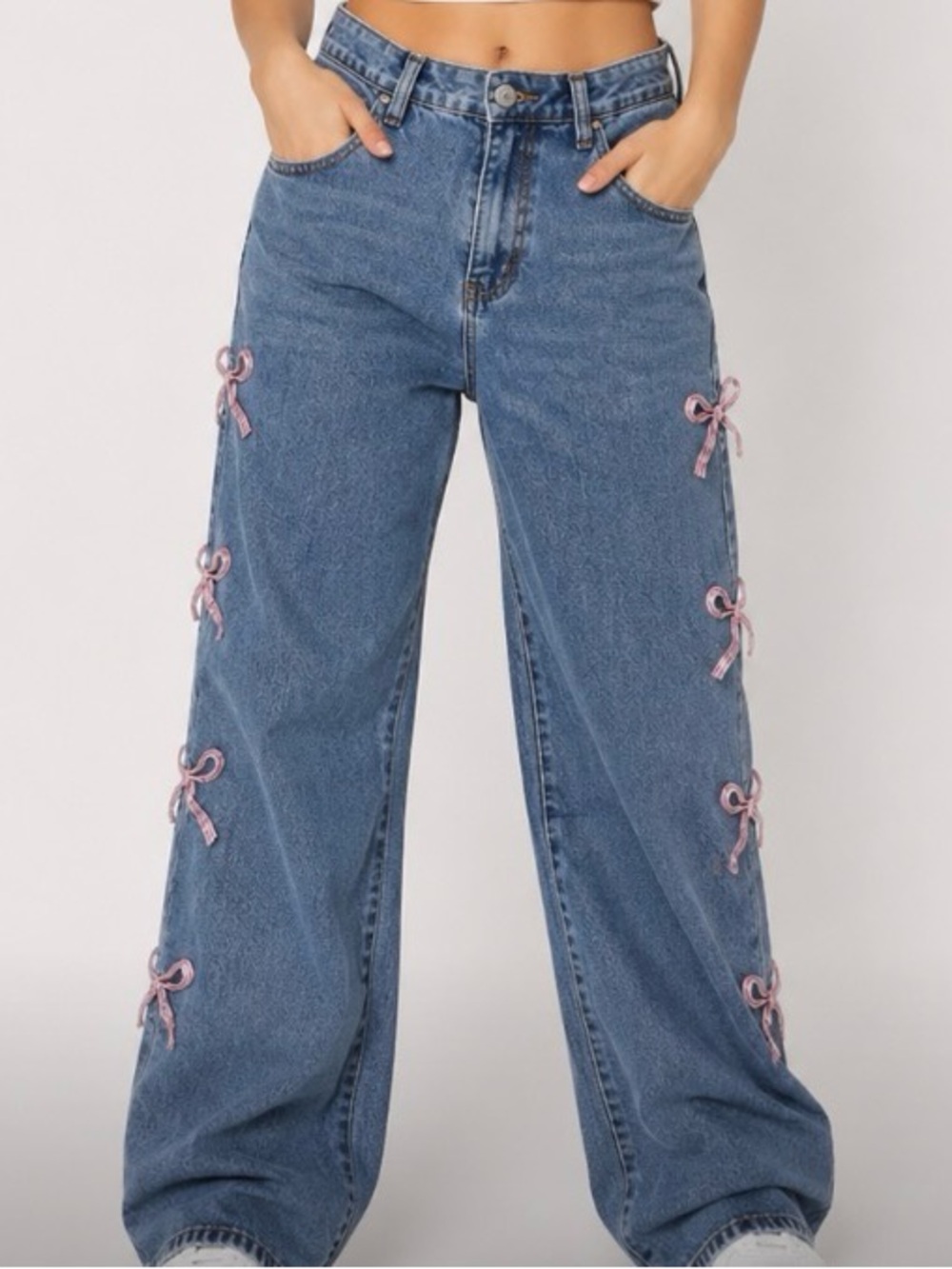 Women's Blue Denim Jeans with Pink Ribbon Embroidery